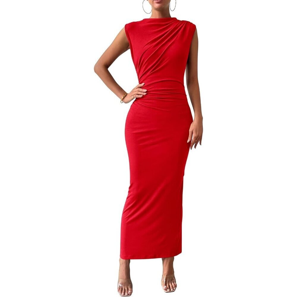 Women's Red Ruched Bodycon Summer Casual Sleeveless Slit Cocktail Elegant Maxi